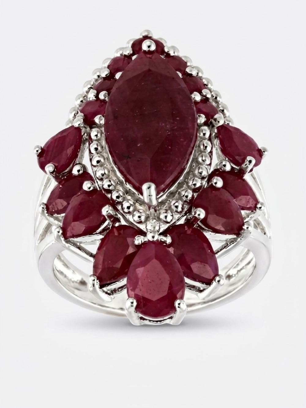 JTV Rhodium Sterling Silver Ring with Deep Red Stones